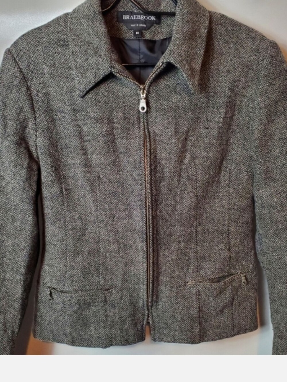 Braebrook Wool Heringbone Zip Front & Pockets Gray Blazer Lined Women's Size L